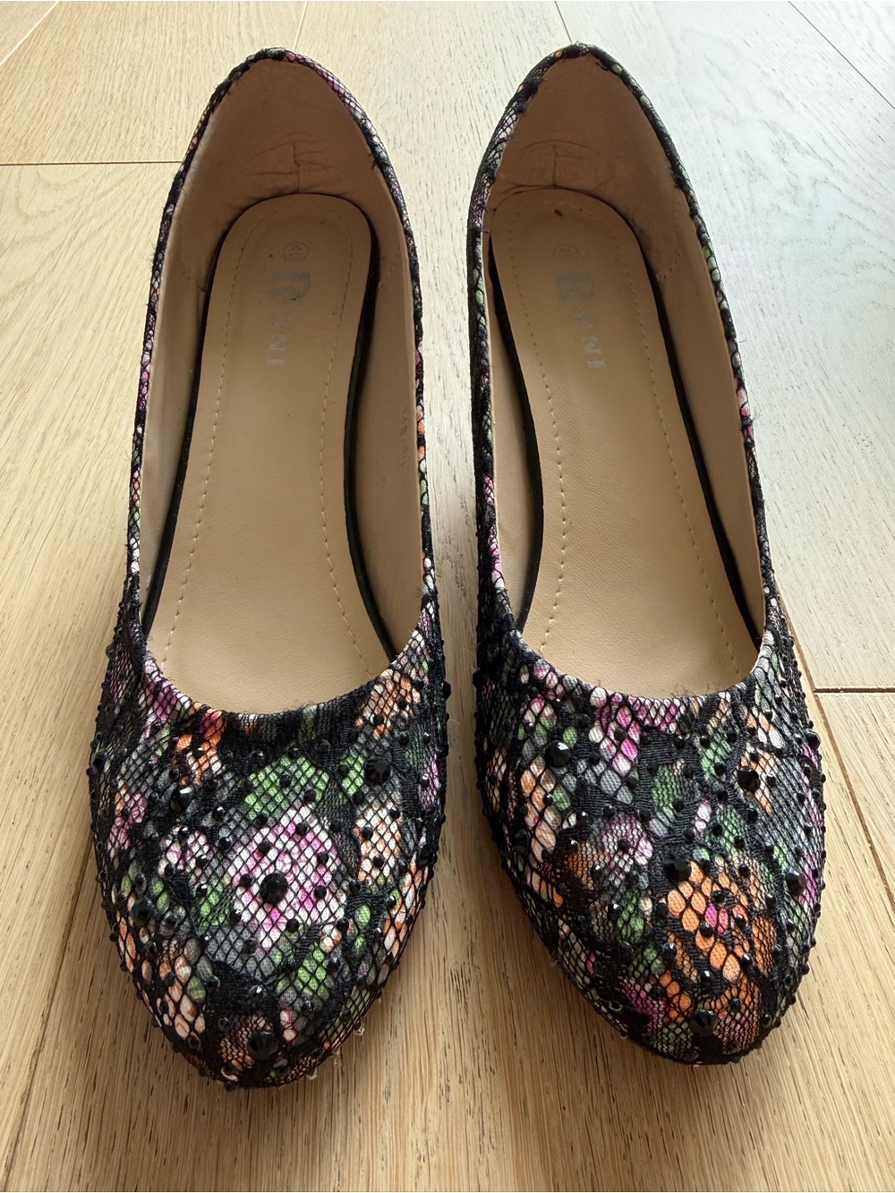 Lace Floral Heels w/ Embellishment | Vintage Inspired Kitten Heels Worn Once - Picture 3 of 6